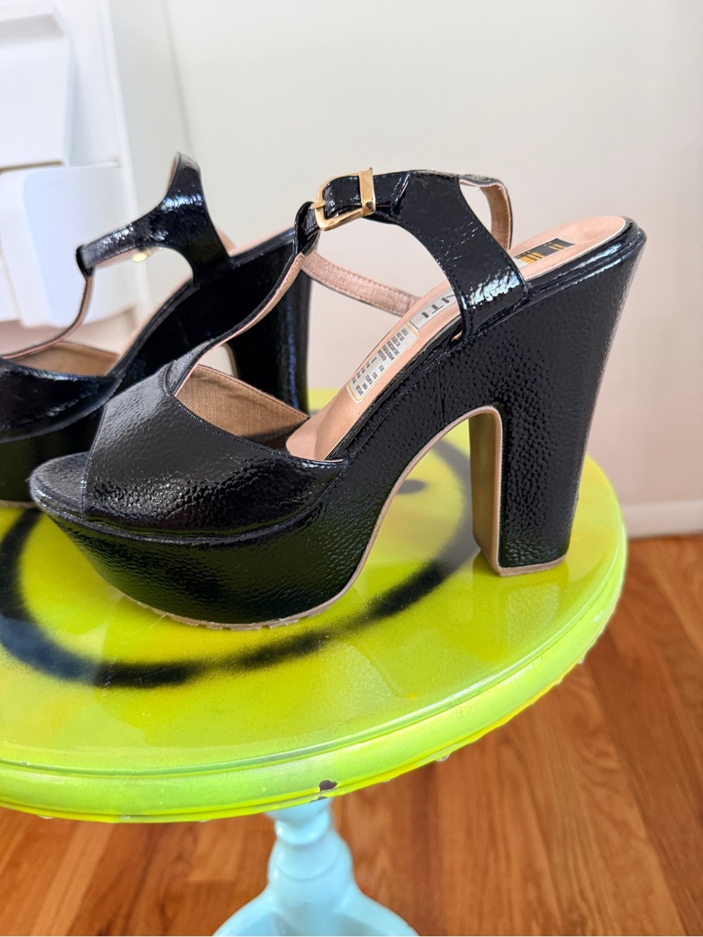 Black Patent Platform T-Strap Chunky Heel Sandals